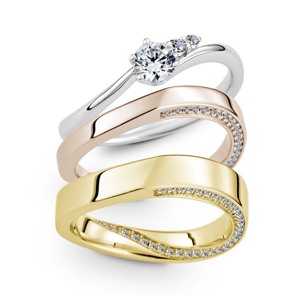 含蓄愛不止息 黃金(14K金)鑽石結婚對戒(三件組)