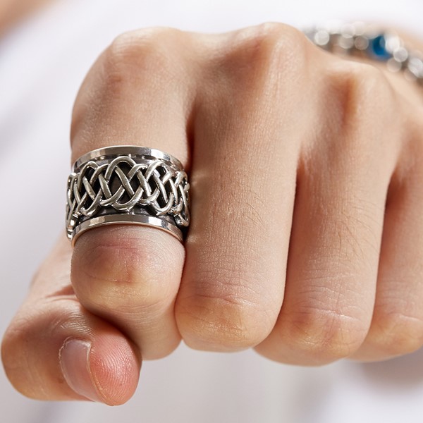 個性硫化編織造型寬版旋轉 925純銀 男款戒指